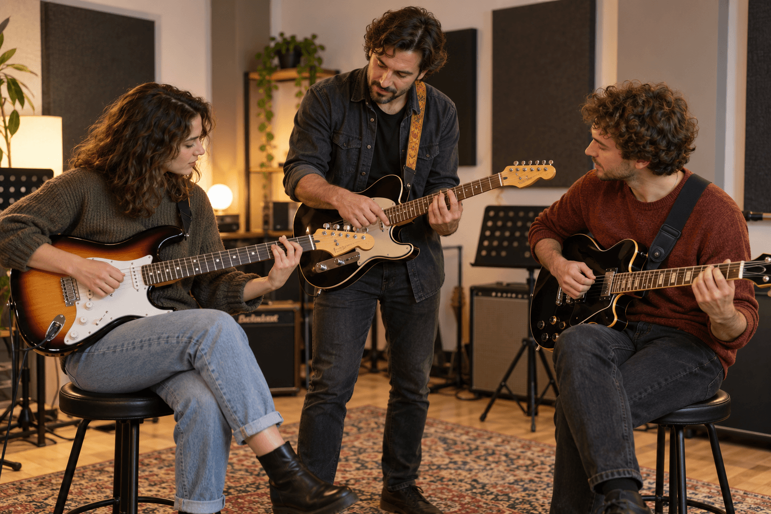 Un profesor de guitarra enseña a dos alumnos en una clase de grupo en un estudio de música