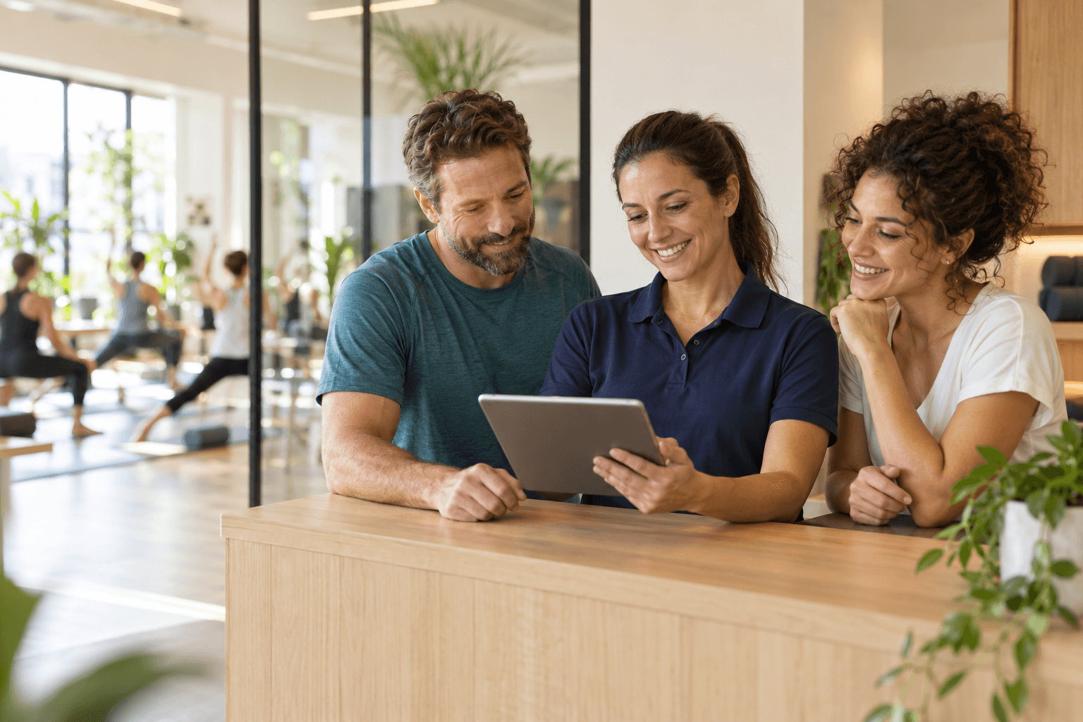 Tres profesionales de un centro revisan juntos la agenda en una tablet, con una clase de grupo al fondo